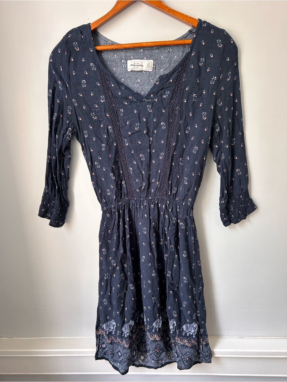 Abercrombie Kids Navy Blue Elephant Floral Boho Lace Trim Dress Size L 14